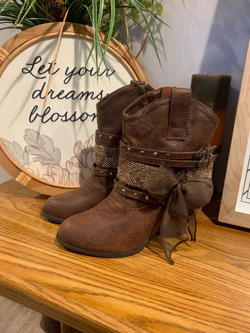 Not Rated Brown Western-Inspired Ankle Boots with Bow & Stud Trim
